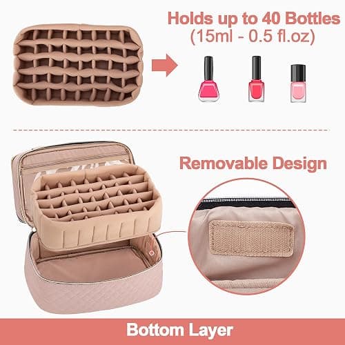 Yarwo Nail Polish Organizer Case Holds 50 Bottles(15ml/0.5 fl.oz) and Nail Lamp, Double Layers Nail Polish Bag with Adjustable Dividers for Nail Art Tools, Dusty Rose (Bag Only, Patent Design) thumbnail 3