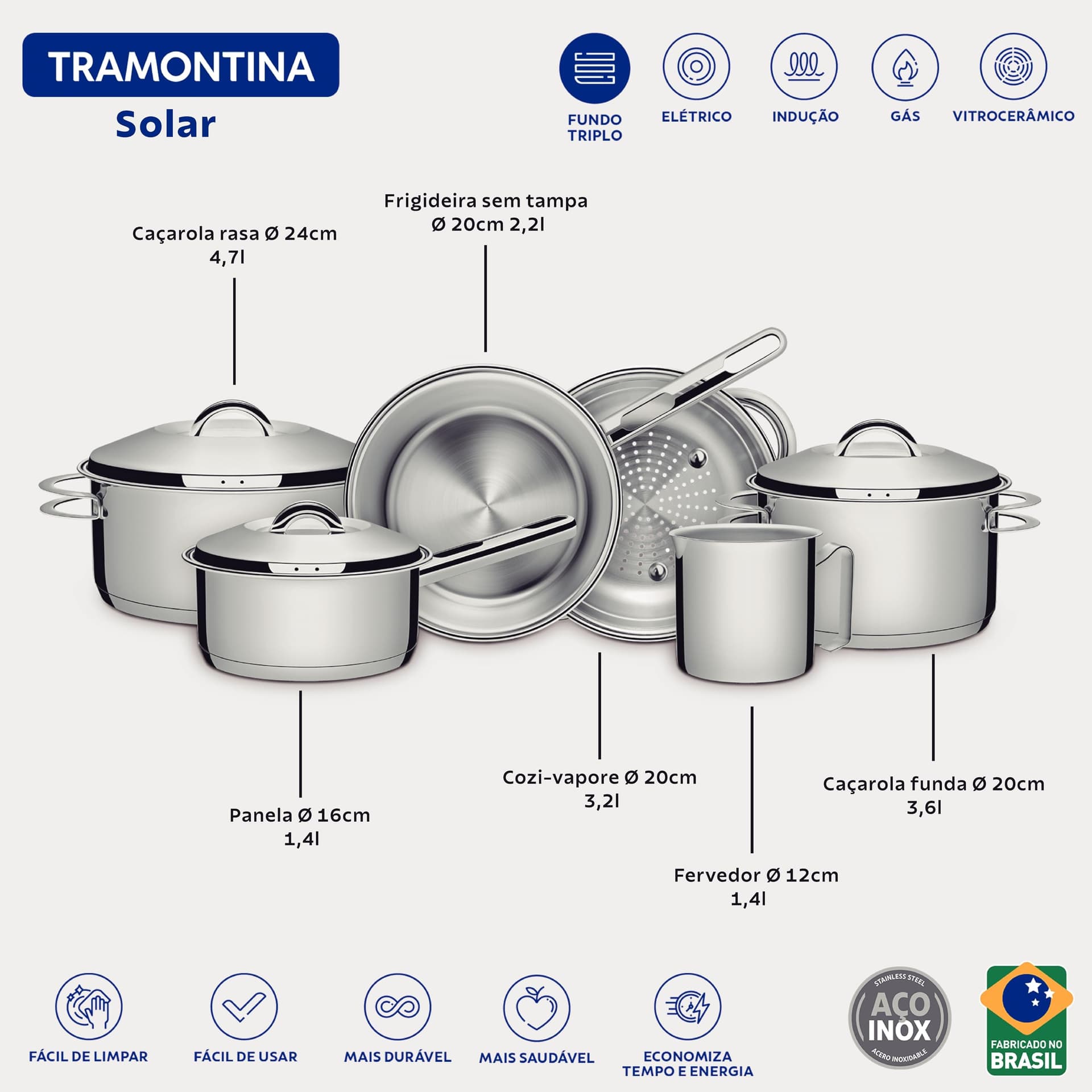 Jogo de Panelas Tramontina Solar em Aço Inox com Fundo Triplo e Tampas de Inox 6 Peças thumbnail 6