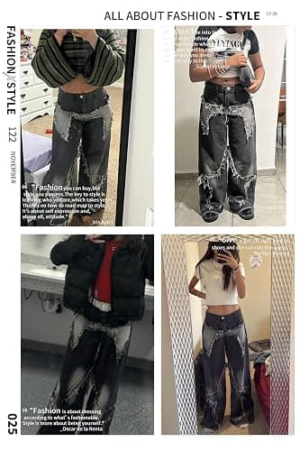 Peakpride Y2K Baggy Jeans for Women Girls Star Patchwork Wide Leg Raw Hem Denim Pants Hip Hop Streetwear Preppy Clothes thumbnail 9