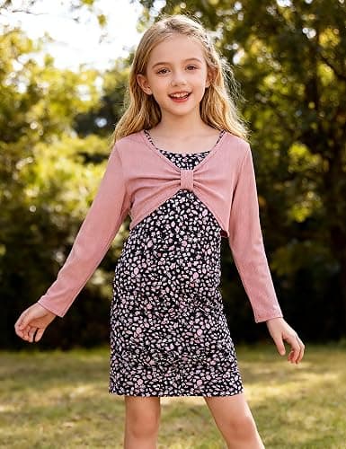 Kimoda Girls 2 Piece Outfits Adjustable Shoulder Strap Cami Dress with Long Sleeve Cardigan Set for 5-14 Years thumbnail 5