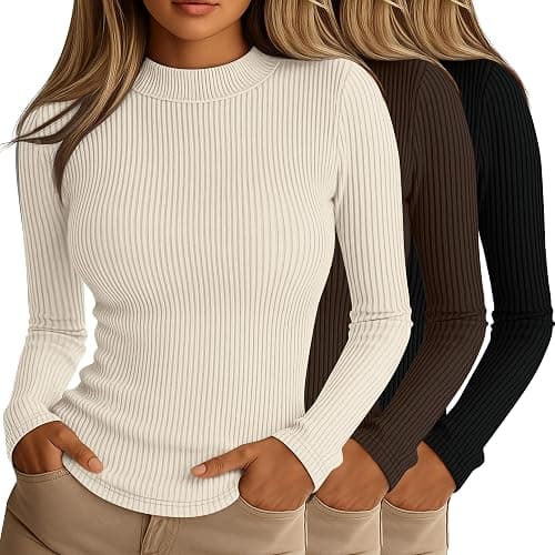 Riyiper 3 Pack Women's Ribbed Shirts, Mock Turtleneck Long Sleeve Tops Slim Fitted Undershirts Casual Basic Layering Tees - Image 1