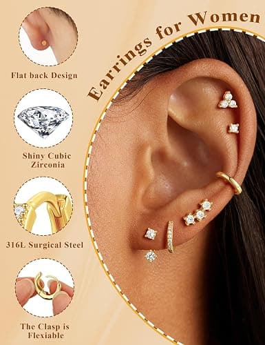 M MOOHAM Hypoallergenic Gold Flat Back Stud Earring Stack for Women | 14K Gold Plated, Flatback Stud Earrings Set for Women, Cartilage Earrings Stack for Sensitive Ears, Trendy Jewelry Gifts thumbnail 5