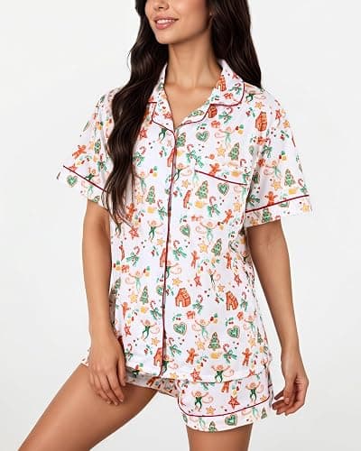 Zuafy Women's Pajamas Set Button Down Ladies Summer Pajamas Monkey Printed Sleepwear Short Sleeve 2 Pc Pjs for Birthday Gift thumbnail 5