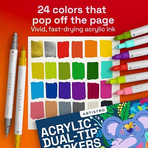 ARTISTRO 24 Acrylic Paint Markers for Rock, Fabric, Wood, Glass, Decoration - Dual-Tip Paint Pens for Coloring Books for Adults, Teens, Kids - Art and Craft Supplies Kit - Gift Idea thumbnail 2