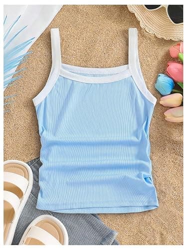 OYOANGLE Girl's Ribbed Color Block Tank Top Sleeveless Fitted Cute Summer Cami Tops Beach Vacation Undershirts thumbnail 3