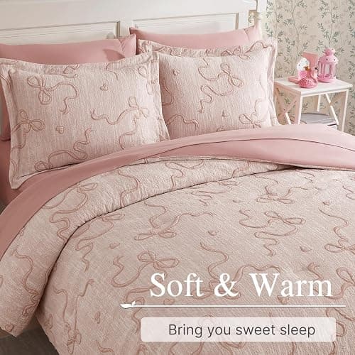 Geniospin Pink Twin Comforter Set for Girls- 5 Pieces Bowknot Jacquard Bed in A Bag Twin Bedding Sets with Sheets, Pillowcases & Shams, All Season Kids Comforter Set thumbnail 2