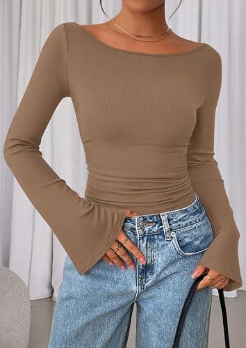 PRETTYGARDEN Womens Long Sleeve Shirts 2026 Spring Crop Going Out Tops Casual Boat Neck Bell Sleeve Ribbed Ruched Y2K Clothes thumbnail 2