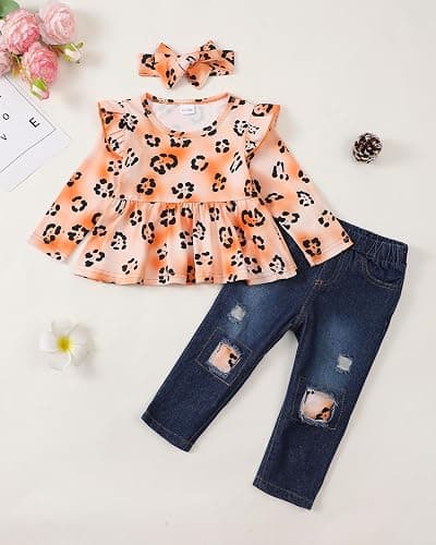 XUANHAO Baby Girl Clothes 12 18 24 Months Outfits For Infant Toddler Denim Girls' Clothing Ruffle Top Ripped Jeans Pant Sets thumbnail 3