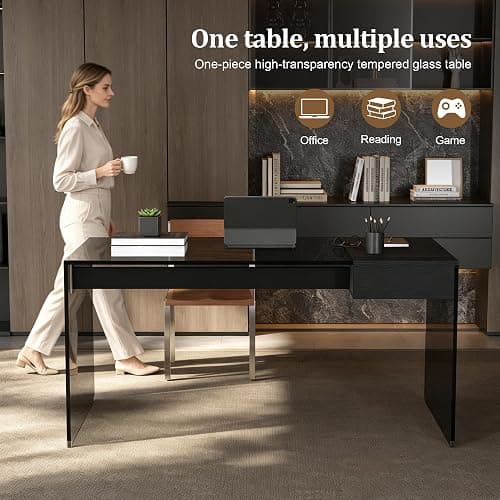 NessCarsti 53.14" Modern Glass Office Desk with Drawer for Home Office | Black Clear Computer Desk with Tempered Glass Tabletop & Legs, Minimalist Stylish Executive Table for Bedroom thumbnail 3