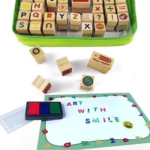 Large Wooden Stamp Premium Set for Kids. 72 Pcs Alphabet Stamps. Letters, Numbers, 3-Color Washable Ink Pad, 3 Refill Bottles, Activity Book. Ideal Creativity Kit thumbnail 6