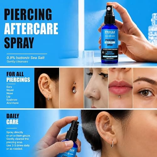 Emalla 3-in-1 Piercing Aftercare Spray 2oz Saline Spray for Piercings | Gentle Ear Piercing Cleaner Saline Solution for Piercing Soothing Piering Bump Care Alcohol Free Daily Mist Nose Belly Button thumbnail 3
