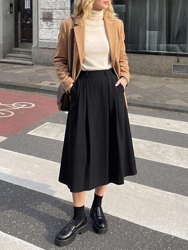 Casly Lamiit A-Line Midi Skirts for Women Business Skirt | Elastic High Waisted, Pleated with Pockets, Work Skirts Casual thumbnail 3