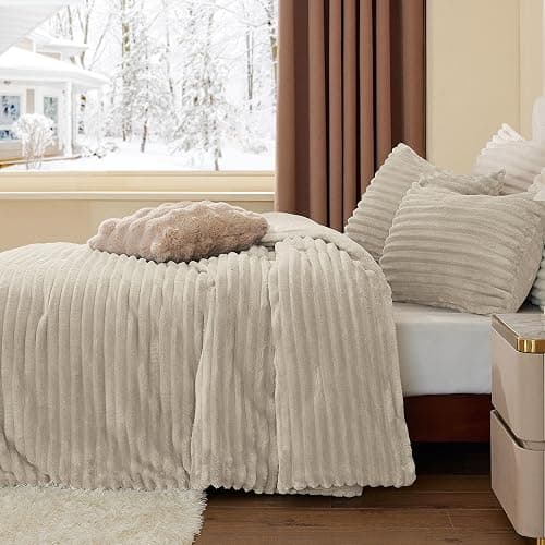BEDELITE Fleece King Comforter Set -Super Soft & Warm Fluffy Linen Bedding, Luxury Fuzzy Heavy Bed Set for Winter with 2 Pillow Cases thumbnail 4
