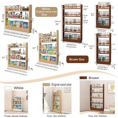 yurstcggh Wooden Behind Door Bookshelf,Thin 10cm Standing Wood Book Shelf Organizer,Behind Door 3-5 Tier Wall Bookcase,Toy storage rack, book storage rack 58×10×124cm Brown thumbnail 2