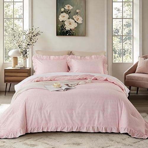 Gingham Ruffle Comforter Set Queen - 3 Piece Pink Checkered Bedding Set - Aesthetic Cottagecore Ruffled Farmhouse Comforter with 2 Pillow Shams - Soft, Lightweight All Season Bedding (90"x90") thumbnail 2