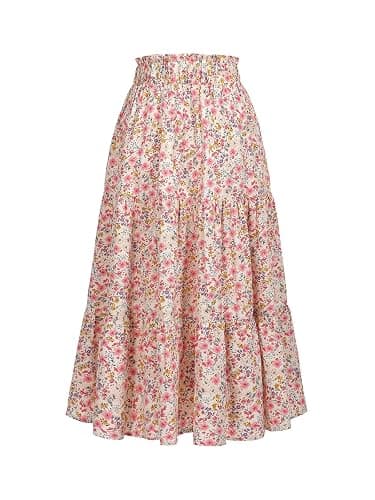 MSLG Women's High Elastic Waist Midi Skirt Casual Summer Trendy Tie Front Flowy Ruffle Floral Print A line Skirts 626 thumbnail 3