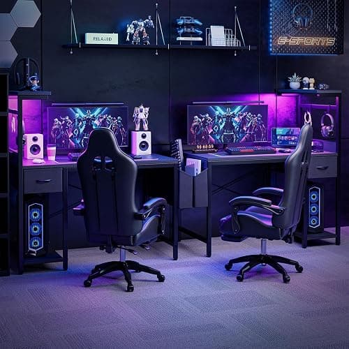 Grandder Gaming Desk 47 Inch with Power Outlet and LED Light, Computer Desk with Reversible Shelves and Storage Drawer, Pc Small Desk for Home Office Table with Bag, Carbon Fiber Black thumbnail 4