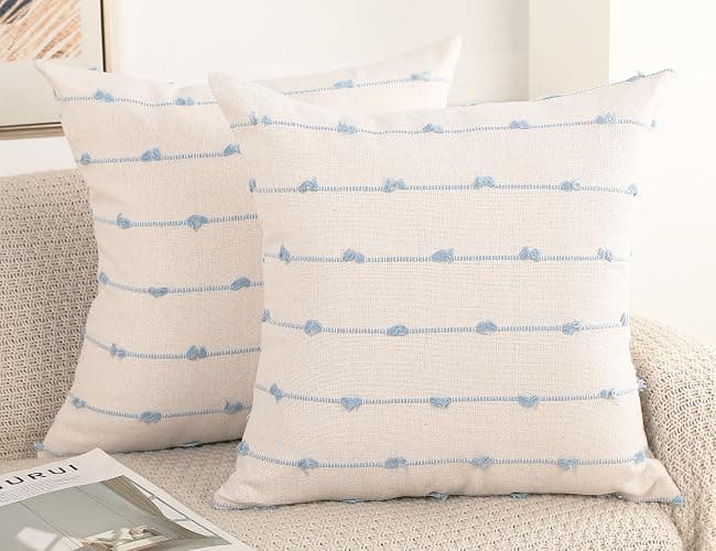 NUYECY Set of 2 Boho Throw Pillow Covers 18x18,Light Blue and White Neutral Couch Pillow Case with Tassel Fringe Decorative,Modern Accent Farmhouse Cushion Covers for Sofa Couch Bed Living Room - Image 1