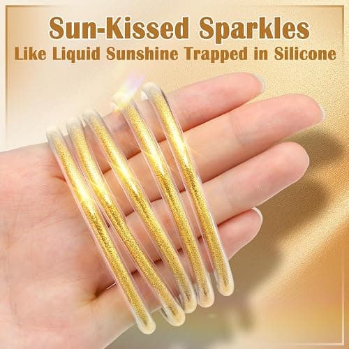 Alphatool Glitter Jelly Gold Bangles Bracelets for Women - Gold Soft Silicone Sparkling Ladies Fashion Stackable Jewelry Gift for Party thumbnail 2