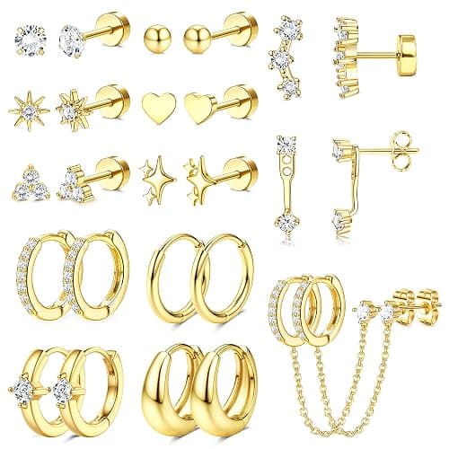 Florideco Flat Back Earrings Hypoallergenic Surgical Steel Earrings for Women Trendy Cartilage Chain Hoop Earring Studs 14K Gold Plated Star Heart CZ Flatback Stud Earring Sets for Multiple Piercing - Image 1