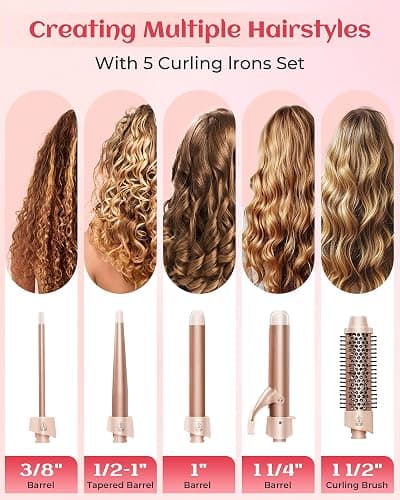 ANIEKIN 5 in 1 Curling Iron Set, Fast Heat Up Curling Wand from 3/8 to 1 1/4 Inch and a Thermal Brush Come with, Dual Voltage Hair Curler for Women All Hair Types and Travel Use, Gifts for Women,Pink thumbnail 2