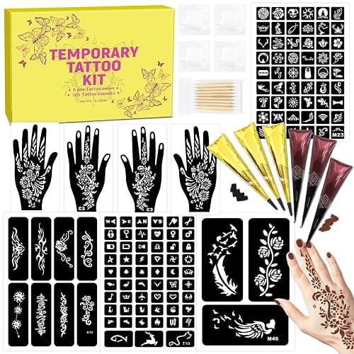 MuseLuxe 126 PCS Temporary Tattoos Stencils Kit,6 Pcs 2 Color(Brown Black) | Temporary Tattoos Kit with ink,Gloves,DIY Body Art Painting for Women Men Adults Kids - Image 1
