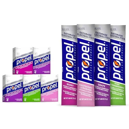 Propel Electrolyte Enhanced Water Drink Mix Powder Packets, 4 Flavor Variety Pack, Zero Calorie & Zero Sugar Hydration with Electrolytes and Vitamins C & E (50 Packets) - 4-Flavor Variety Pack - 10 Servings (Pack of 5) - Image 1
