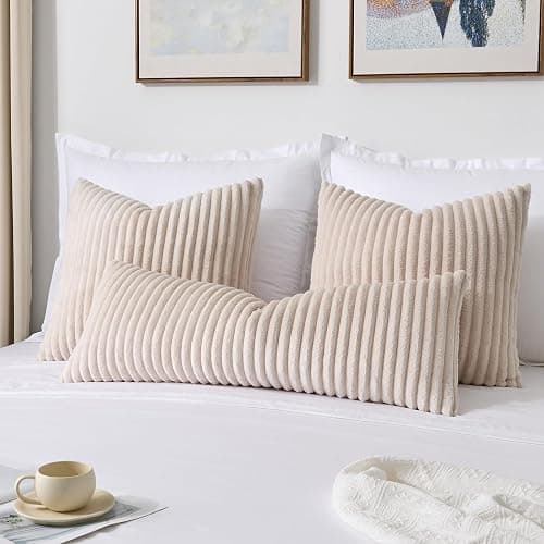 Kevin Textile Soft Plush 14x36 Inch Long Lumbar Pillow Cover 1 Pack, Luxury Fluffy Faux Fur Striped Flannel Rectangle Body Cushion Case for Couch Sofa Chair Bed Home Decor, Beige thumbnail 5