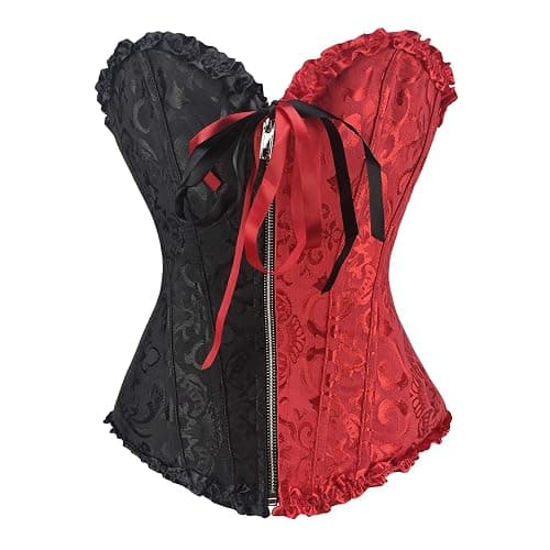 RHISLEO Women Black Red Bustier Burlesque Basque Rouge Zip Lace Up Boned Corset Top - Image 1