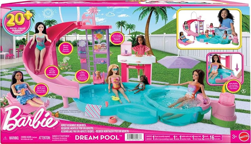 Barbie Dream Pool Playset with 6 Play Areas, Including Slide & Bubbling Hot Tub, Plus 20+ Accessories Like Pet, Floaties & More thumbnail 6