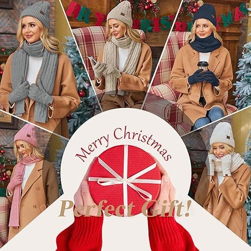Womens Winter Beanie Hats Long Scarf Touchscreen Gloves Set Warm Knit Skull Caps Gifts for Women Scarfs Gifts for Women thumbnail 6
