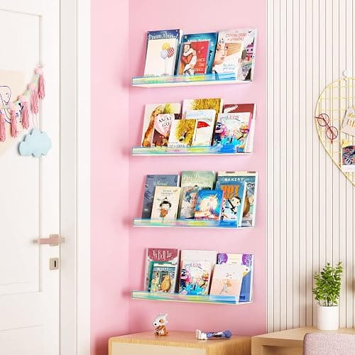 upsimples 4 Pack Acrylic Shelves for Wall Storage, 15" Floating Bookshelves for Kids, Nail Polish Holder, Perfume Display Shelf Organizer for Bathroom, Bedroom, Living Room, Iridescent - 4 - Iridescent thumbnail 2