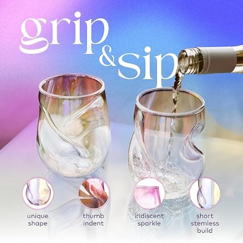 Dragon Glassware Stemless Wine Glasses - 16 oz Stemless Wine Glass Set with Finger Indentations - Set of 2 Iridescent Glassware - Aerates Naturally thumbnail 4