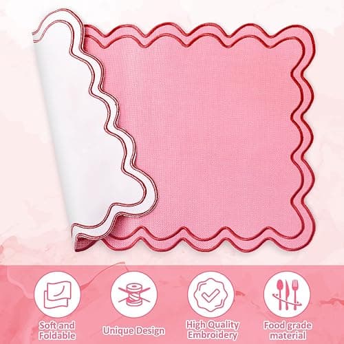 Whaline Pink Red Placemats Embroidered Scalloped Kitchen Place Mats for Wedding Baby Shower Party Home Dining Table Decor, Set of 6, 13 x 19 in thumbnail 4