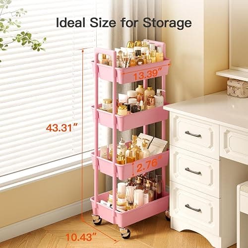 Pipishell 4 Tier Rolling Cart Organizer, Plastic Rolling Cart with Lockable Wheels & Reinforced Handle, Lightweight Utility Storage Cart for Nursery, Kitchen, Craft Room, Pink thumbnail 5