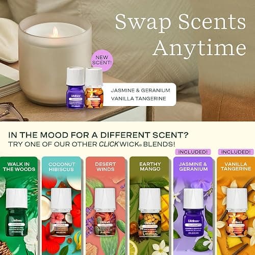 Lifelines Flameless Candle Aromatherapy Essential Oil Diffuser with 2 ClickWick Essential Oil Blends - Cordless & Waterless Diffuser for Home - Scented Electric Candles Blow Out Flame - Frosted Cream thumbnail 4