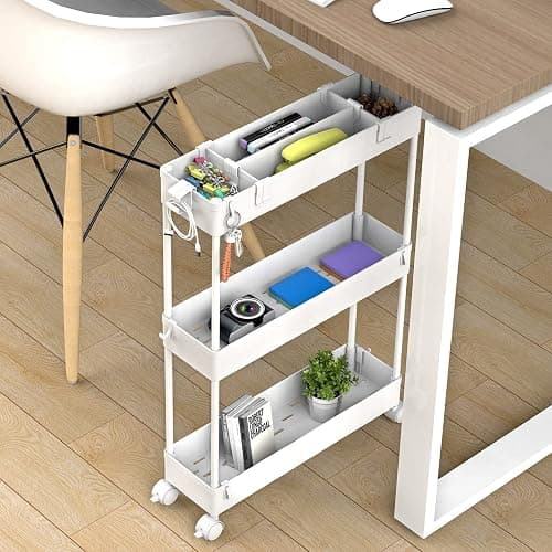 SPACELEAD Slim Storage Cart 3 Tier,Bathroom Organizer Rolling Utility, Mobile Shelving Unit Slide Out for Office, Kitchen, Laundry Room & Narrow Places,White - White thumbnail 4