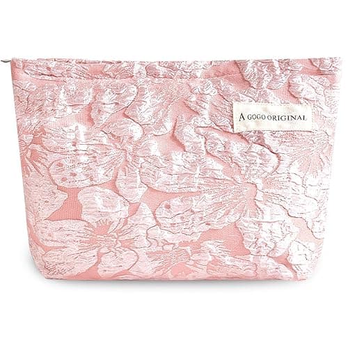 Sminra Makeup Bag Cosmetic bag Preppy Canvas Toiletry Bag for women Cute zipper pouch Organizer Travel accessories (Pink Big Flowers, Large) - Large - Pink Big Flowers