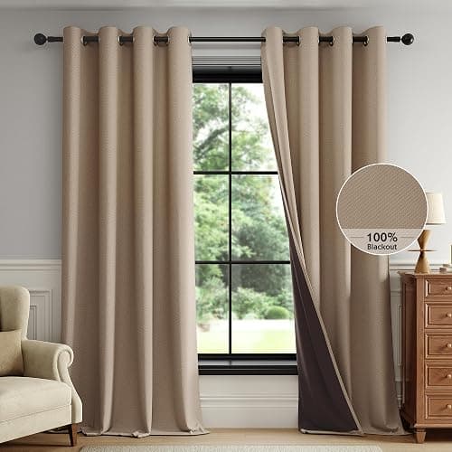FMFUNCTEX 100% Brown Blackout Curtains for Bedroom, Solid Weave Textured Geometric Weave Curtains 90 Inches Long Thermal Insulated Curtains Living Room, Black Out Drapery Grommet 2 Panels - Image 1