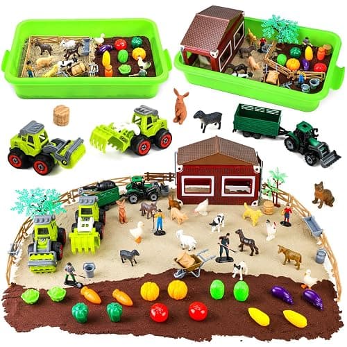 Aprilwolf 69 PCS Farm Sensory Bin Toys Playset, Sandboxes with Sand, Farmer Tractor & Farm Animals Figures Toys for Kids 3 4 5, Gifts for 6 7 Years Old Boys Girls Toddlers thumbnail 7