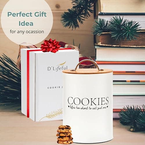 D'Lifeful Cookie Jar with Airtight Bamboo Lid – 1.1 Gallon Cute and Decorative Cookie Storage for Kitchen Countertop – Farmhouse Storage Tin for Freshness – Great Gift Idea (Off White) thumbnail 5