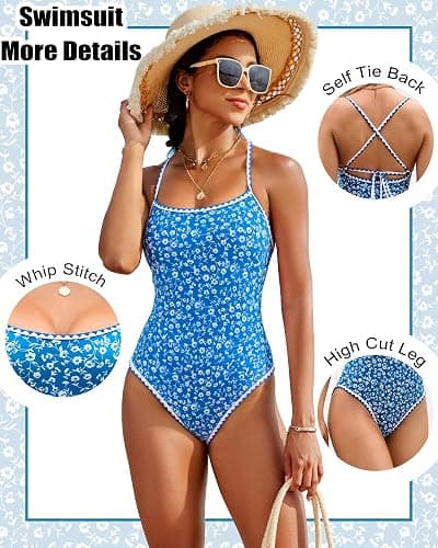 DaiLiWei One Piece Swimsuit Women Cute Floral Whip Stitch Swim Suits 2026 | Bathing Suit for Teens, Tummy Control Modest Swimwear, High Cut, Removable Padded, Self Tie Back, Pool Party, Beach Vacation thumbnail 6