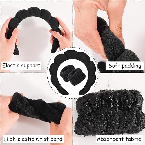 Zkptops Spa Headband for Washing Face Wristband Sponge Makeup Skincare Headband Terry Cloth Bubble Soft Get Ready Hairband for Women Girl Puffy Padded Headwear Non Slip Thick Hair Accessory(Black) thumbnail 5