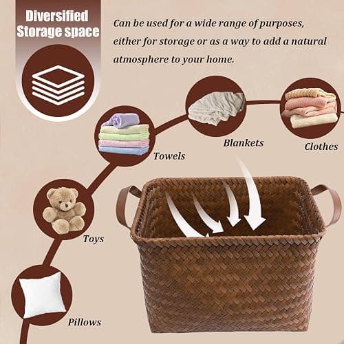 BROWNLILY Handwoven Clothes Basket Laundry Hampers Large Wicker Storage Baskets for Shelves Blankets Closet Storage Bins Car Bedroom Bathroom Organizers and Storage Bath (Pack of 4, Brown) thumbnail 4
