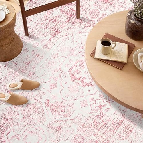5x7 Washable Pink Area Rug, Upgraded Denser Surface Vintage Rugs, Honeycomb Non-Slip Backing Living Room Rug, Easy Care Foldable Rugs for Living Room Bedroom Kitchen Dinning Room Home Office thumbnail 5