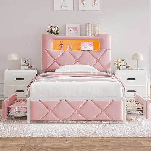 Twin Upholstered LED Bed Frame with 2 Storage Drawers and 2-Tier Storage Bookcase Headboard, Velvet Princess Platform Bed for Kids/Girls/Boys, Heavy Duty Metal Support, No Box Spring Needed, Pink thumbnail 7