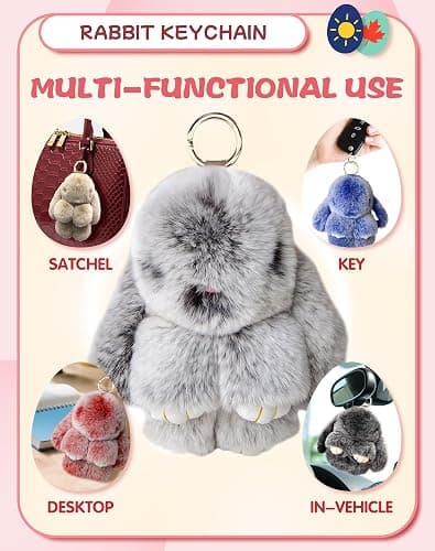 Bunny Keychain Keychain with Tin, Handmade Soft Bunny PomPom Charms for Christmas Birthday Gift thumbnail 3