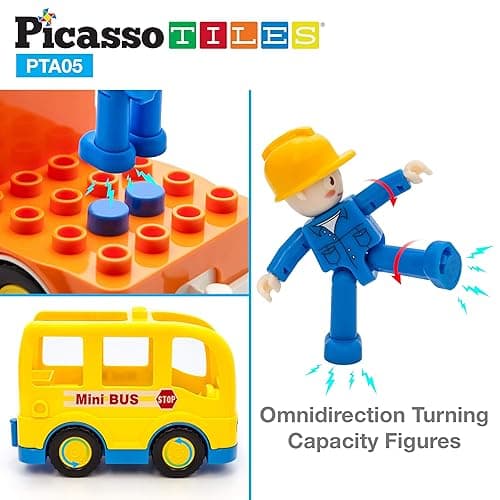 PicassoTiles Magnetic Figures 5 Piece Vehicle and Action Figure Set Including School Bus, Car, Truck and 2 Drivers Magnet Expansion Pack Toddler Toy Kit Pretend Playset for Construction Building Block - Vehicle thumbnail 7