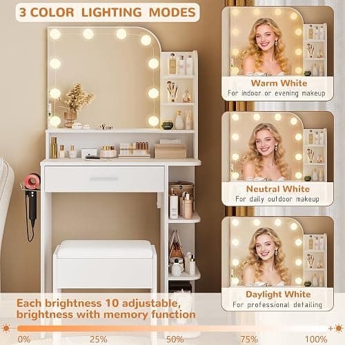 wanan Small Vanity, Set with Chair, Big Mirror & Lights, for Girls, White | Small footprint, huge storage, 14.2×26.5×54.4", 6 shelves+drawer, outlet+hairdryer rack, 10 bright bulbs, dimmable & memory thumbnail 4