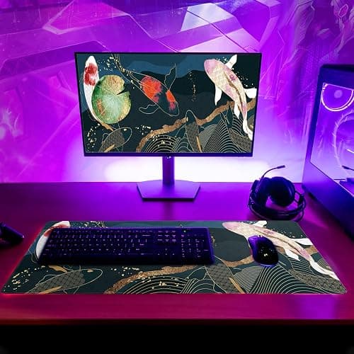 Japanese Gaming Mouse Pad XL - Extended Large Mouse Mat Desk Pad, Stitched Edges Mousepad, 3mm Thick Long Non-Slip Rubber Base Mice Pad, 31.5 X 11.8 Inch - Koi Fish Art thumbnail 3